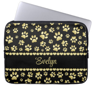 Golden Paw Prints on Black with Custom Name Laptop Sleeve