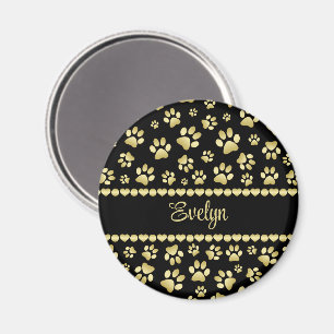 Golden Paw Prints on Black with Custom Name Magnet