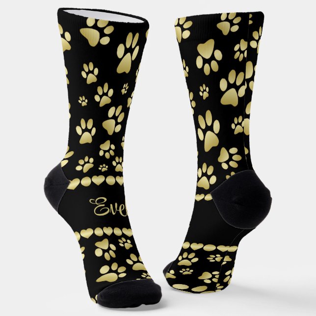 Golden Paw Prints on Black with Custom Name Socks (Angled)