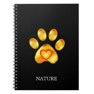 Golden Paw with Heart on Black Notebook
