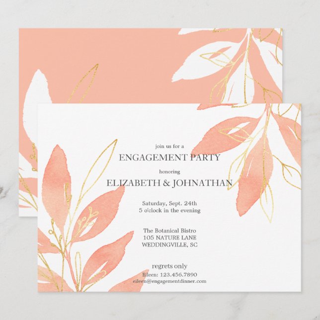 Golden Peach Watercolor Floral Engagement Party Invitation (Front/Back)