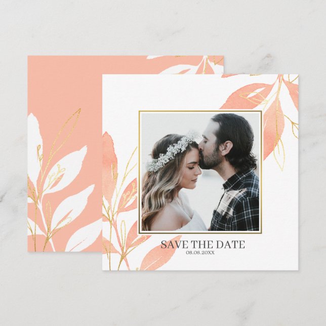 Golden Peach Watercolor Floral Save the Date Invitation (Front/Back)