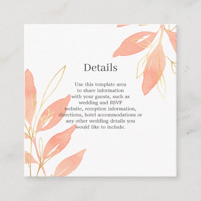 Golden Peach Watercolor Floral Wedding Details Enclosure Card (Front)