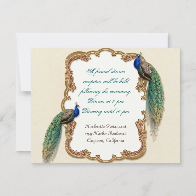 Golden Peacock & Calligraphy Reception Invitation (Front)