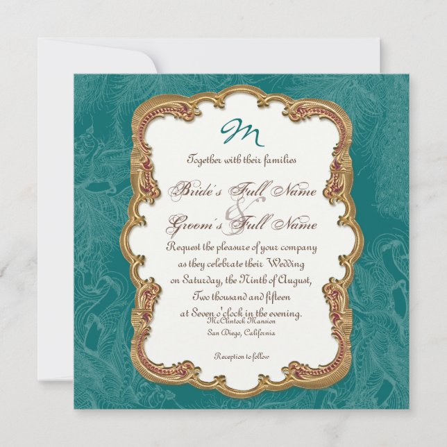 Golden Peacock & Calligraphy Swirls Invitation (Front)
