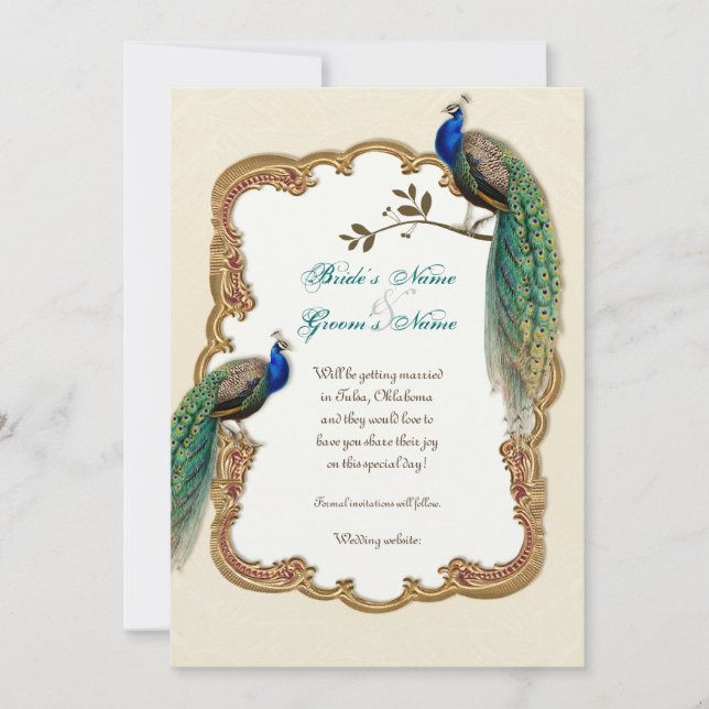 Golden Peacock & Calligraphy Swirls Invitation (Front)
