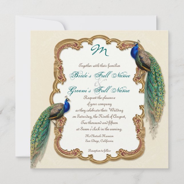 Golden Peacock & Calligraphy Swirls Invitation (Front)