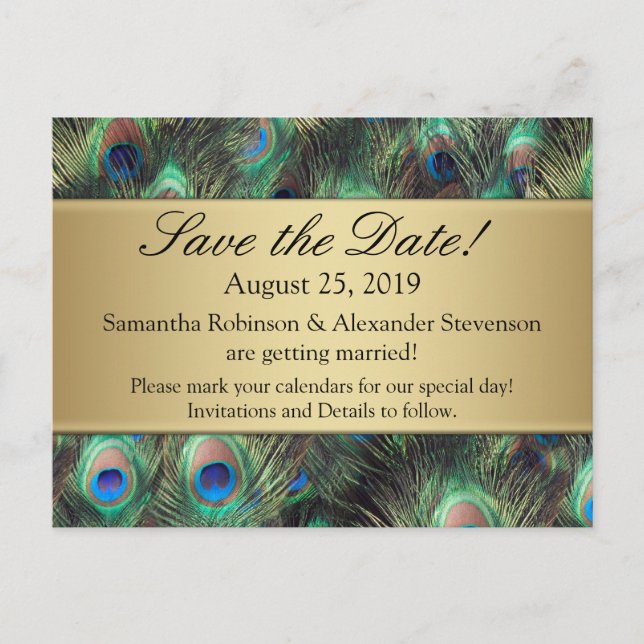 Golden Peacock Feather Background Save the Date Announcement Postcard (Front)