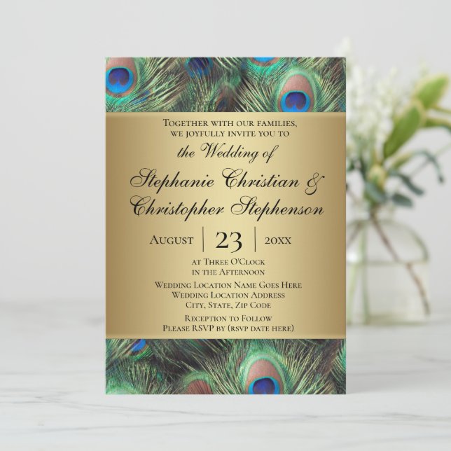 Golden Peacock Feather Wedding Invitation (Standing Front)