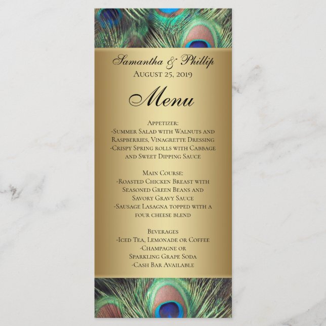 Golden Peacock Feather Wedding Menu (Front)