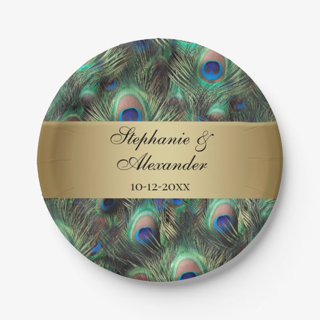 Golden Peacock Feather Wedding Paper Plate (Front)