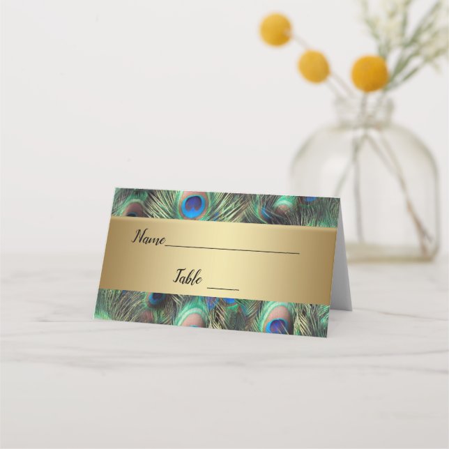 Golden Peacock Feather Wedding Place Card (Front)