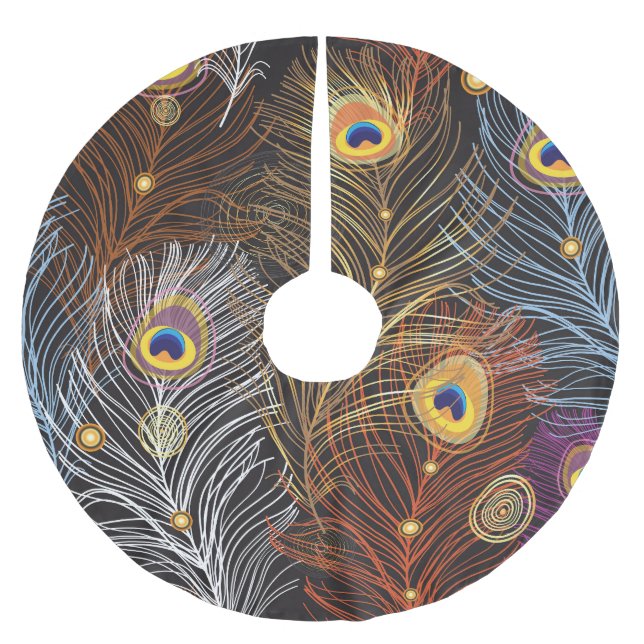Golden peacock feathers: dark pattern. brushed polyester tree skirt (Front)