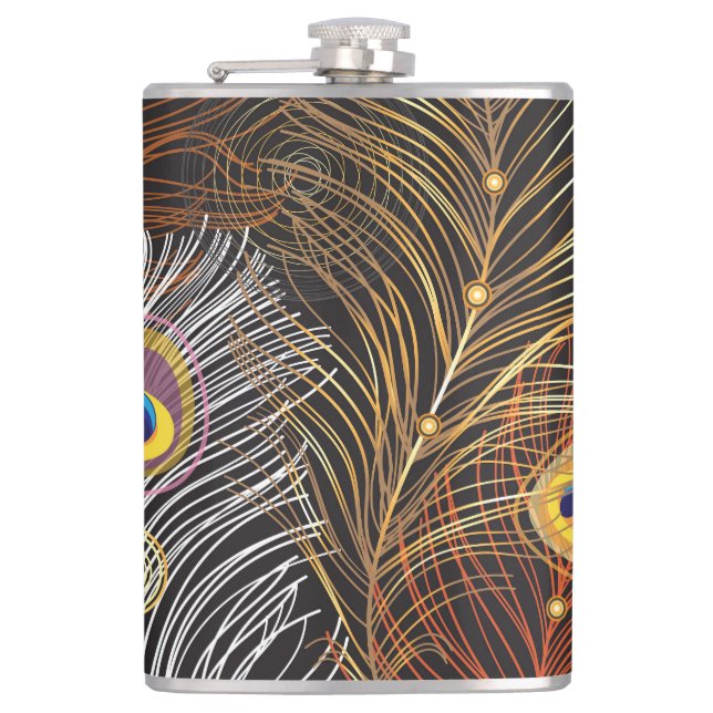 Golden peacock feathers: dark pattern. hip flask (Front)