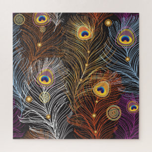 Golden peacock feathers: dark pattern. jigsaw puzzle