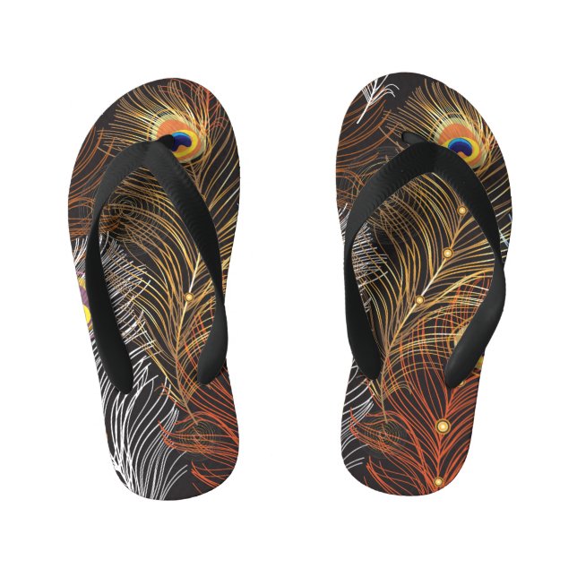 Golden peacock feathers: dark pattern. kid's jandals (Footbed)