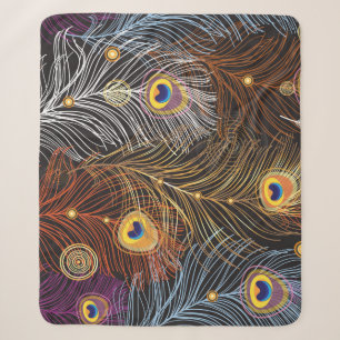 Golden peacock feathers: dark pattern. sherpa blanket
