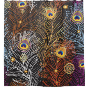 Golden peacock feathers: dark pattern. shower curtain