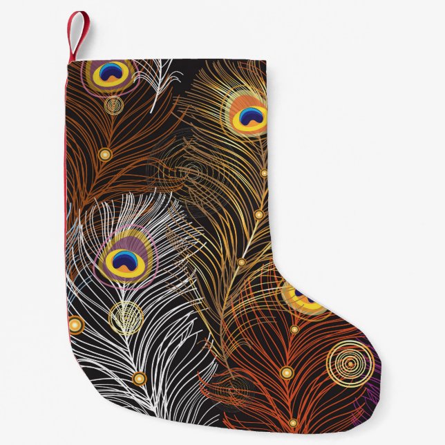Golden peacock feathers: dark pattern. small christmas stocking (Front)