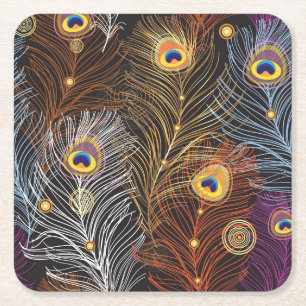 Golden peacock feathers: dark pattern. square paper coaster