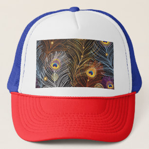 Golden peacock feathers: dark pattern. trucker hat