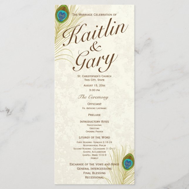 Golden Peacock Feathers Wedding Program Programme (Front)