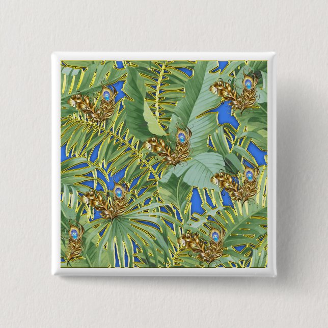Golden Peacock Leaves on Cerulean Blue 15 Cm Square Badge (Front)