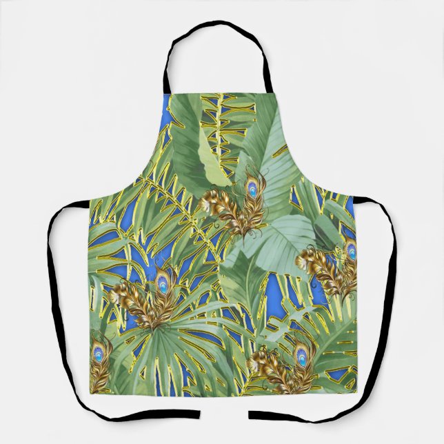 Golden Peacock Leaves on Cerulean Blue All-Over-Pr Apron (Front)