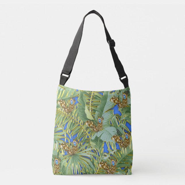Golden Peacock Leaves on Cerulean Blue Crossbody Bag (Front)