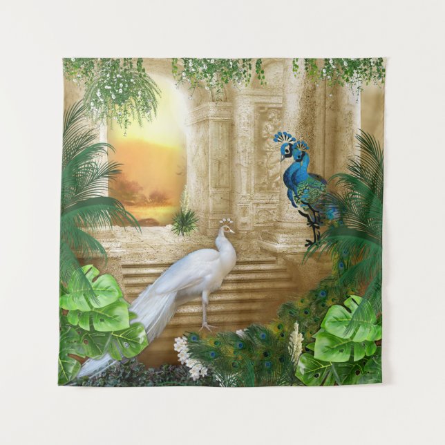 Golden Peacock Temple Dreams Collection Tapestry (Front)