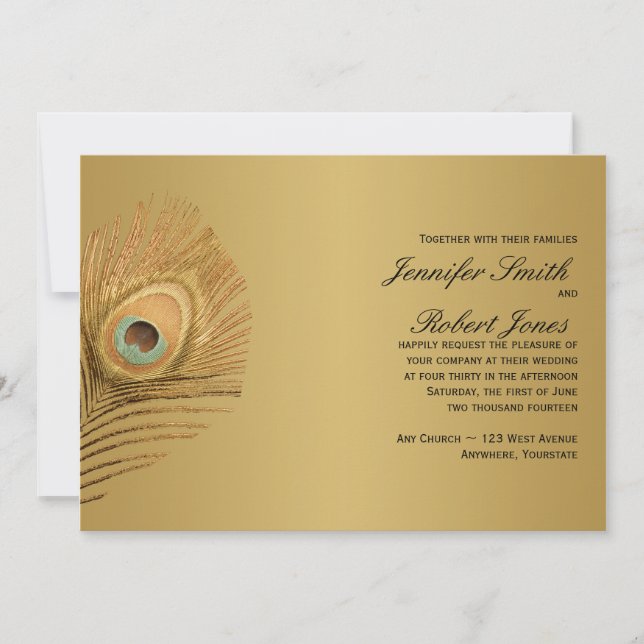 Golden Peacock Wedding Invitation (Front)