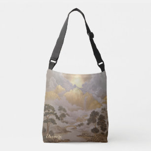 Golden Peaks and Pine Trees Japanese Mountain Land Crossbody Bag