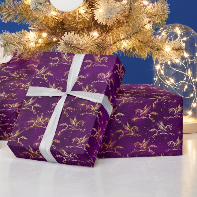 Golden Pegasus Sparkle Pattern on Regal Purple Wrapping Paper (Holidays)