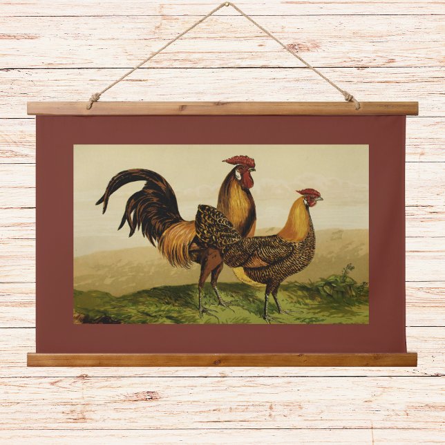 Golden Penciled Hamburg Roosters Hens on Farm Red Hanging Tapestry (Creator Uploaded)