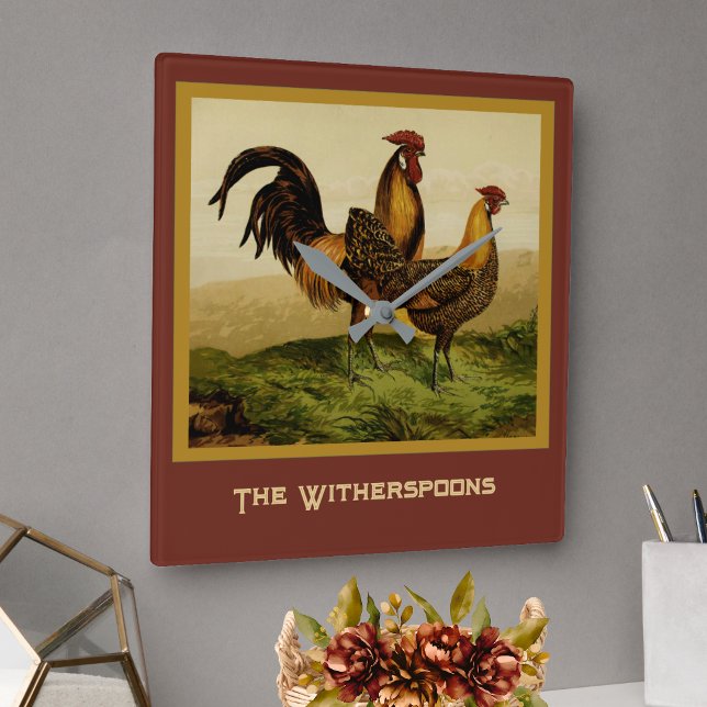 Golden Penciled Hamburg Roosters Hens on Farm Square Wall Clock (Creator Uploaded)