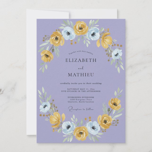 Golden Periwinkle Ranunculus Eucalyptus Wedding Invitation (Front)