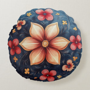 Golden Petal Medallion – Round Floral Throw Pillow