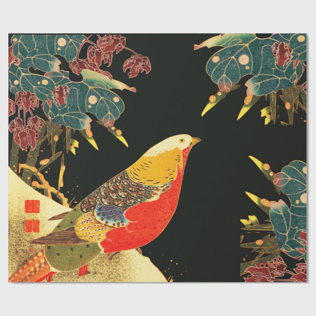 Golden Pheasant in Snow Antique Japanese Floral  Wrapping Paper (Flat)
