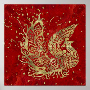 Golden Phoenix Bird on red Poster