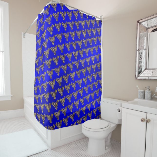 Golden Phoenix, polished royal blue metal effect Shower Curtain (In Situ)