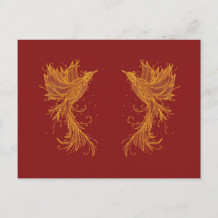 Golden Phoenix Twins on Red Postcard