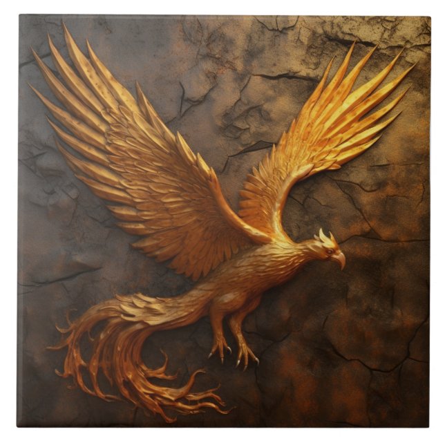 Golden Phoenix with Cracked Stone Effect Tile (Front)