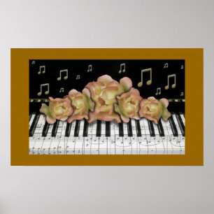 Golden Piano Keyboard Notes and Roses Poster