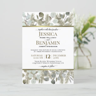 Golden Pine & Eucalyptus Rustic Winter Wedding Invitation