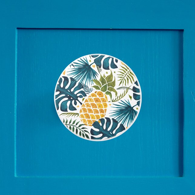 Golden pineapple blue palm leaves foliage white ceramic knob (Creator Uploaded)