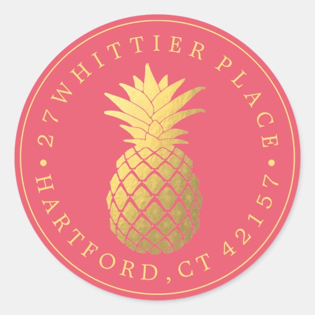 Golden Pineapple | Elegant Address Classic Round Sticker (Front)