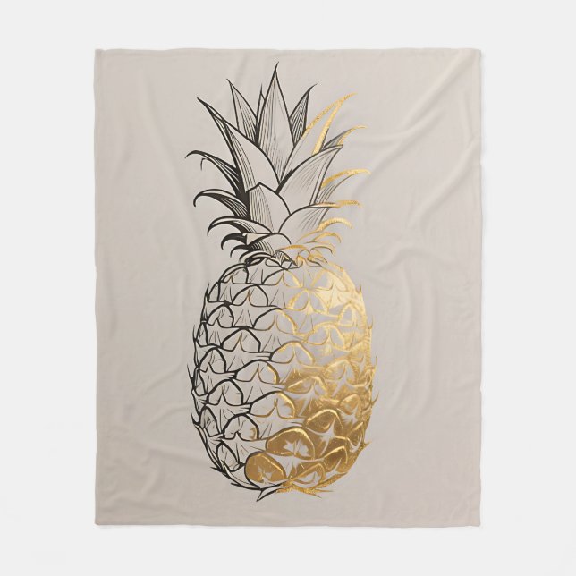 Golden Pineapple Line Art Fleece Blanket (Front)