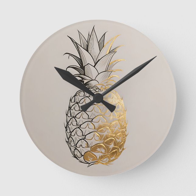 Golden Pineapple Line Art Round Clock (Front)