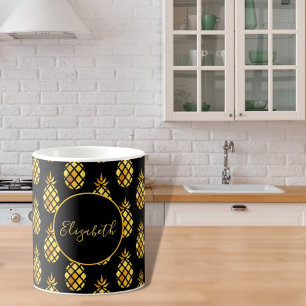 Golden pineapple on black gold name coffee mug