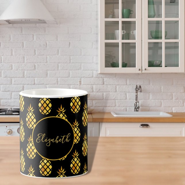 Golden pineapple on black gold name coffee mug (Creator Uploaded)